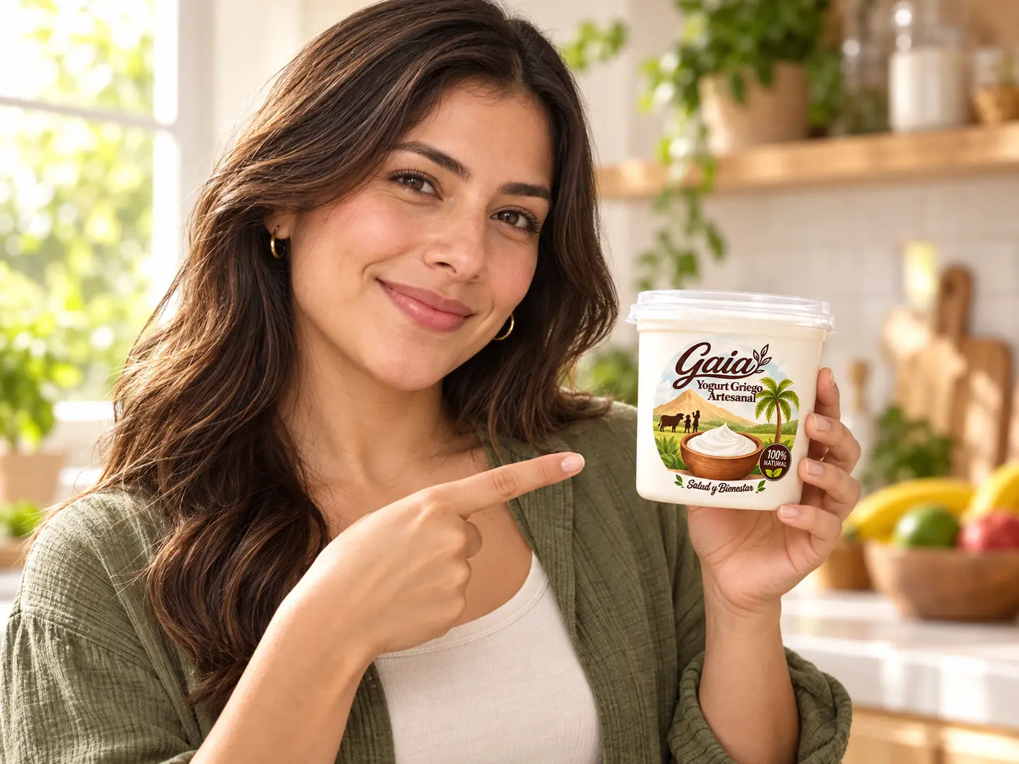 Mujer sosteniendo y señalando un pote de yogurt griego Gaia