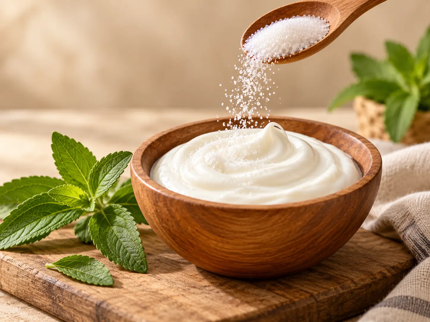 Stevia agregándose a un recipiente de yogurt griego