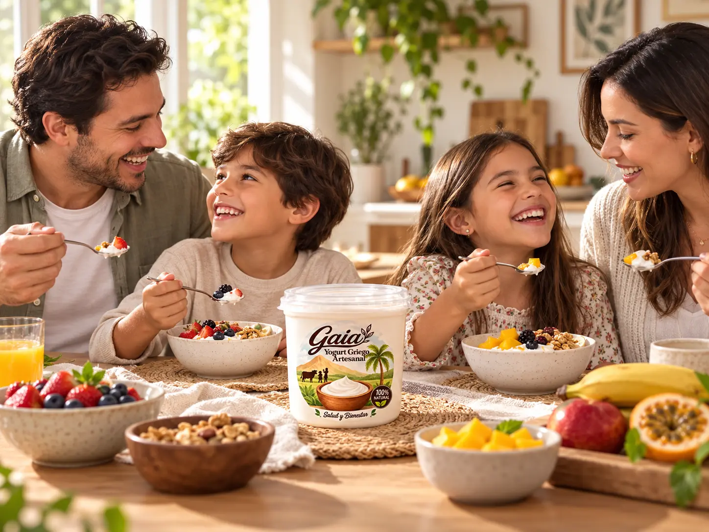Familia compartiendo un desayuno con yogurt griego Gaia