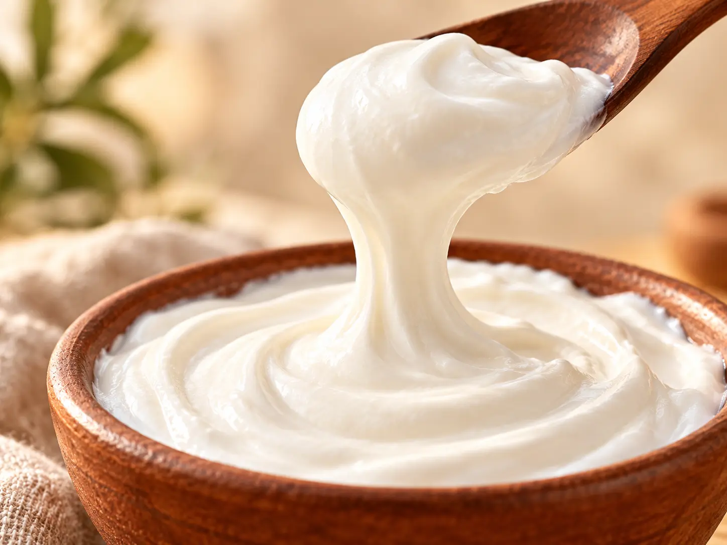 Acercamiento de la textura espesa y cremosa del yogurt griego