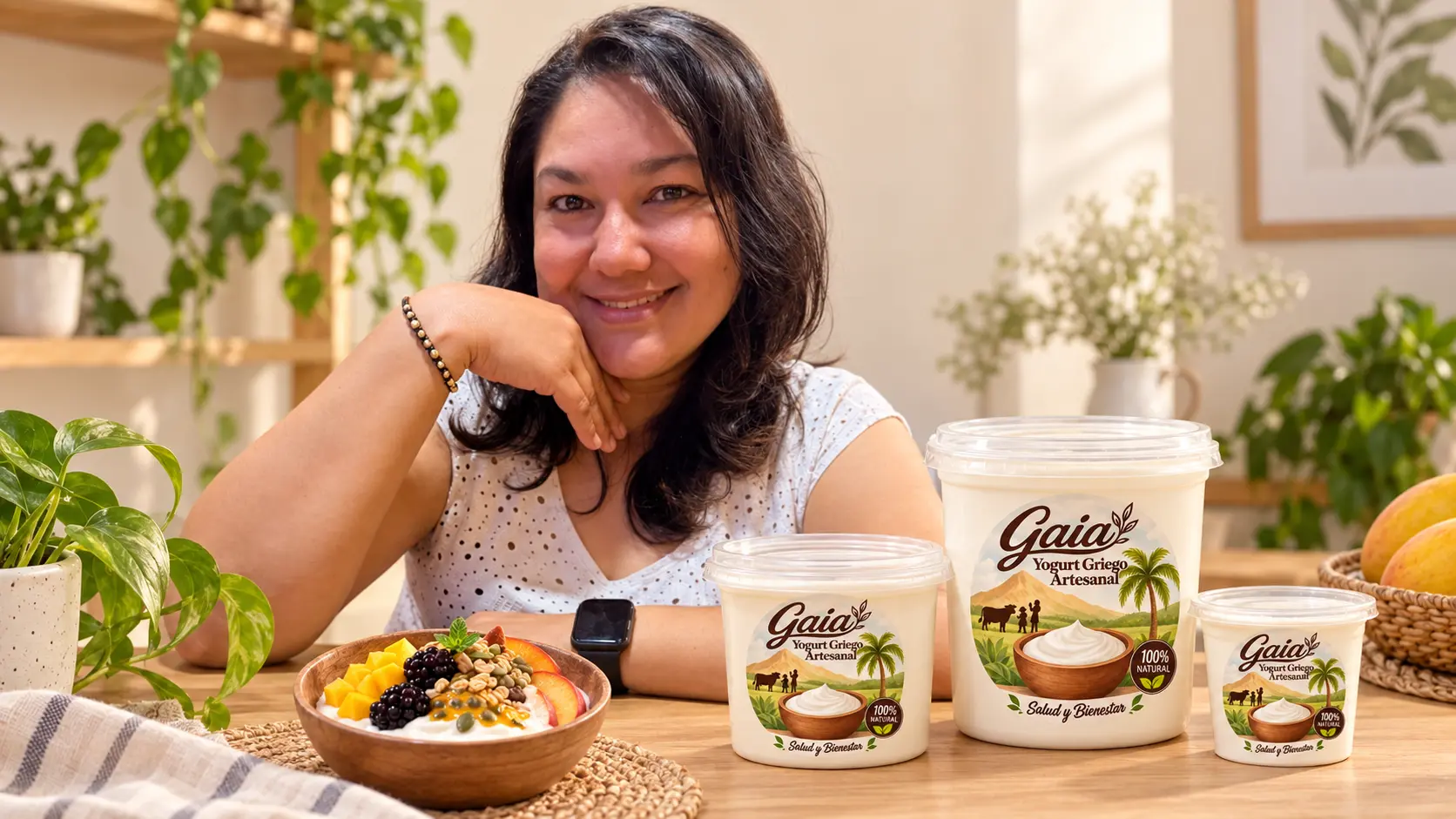 Fundadora de Gaia junto a las presentaciones de yogurt griego artesanal