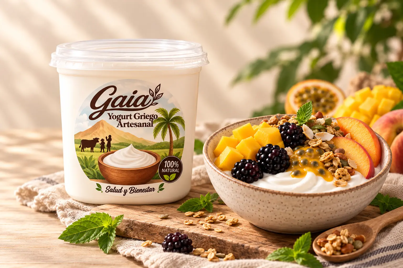 Pote de yogurt griego Gaia junto a un bowl con frutas y granola