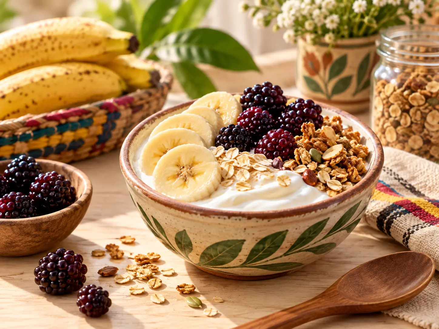 Bowl de yogurt griego con banano, mora, avena y granola