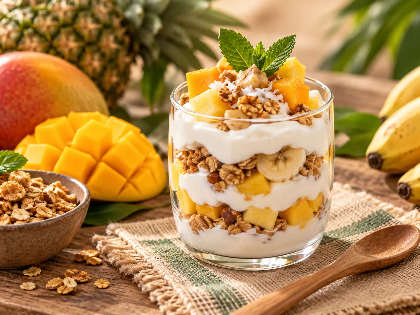 Vaso de yogurt griego con fruta tropical y granola